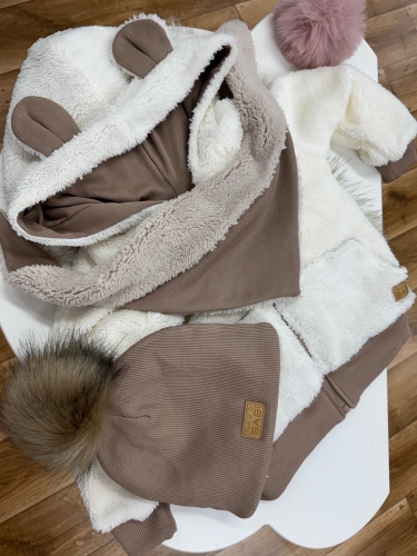Jesienna ocieplana bluza dziecięca kremowa z czekoladowym spodem i uszkami misia
