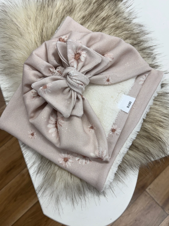 Turban zimowy z kokardką czapka plus komin dla dziewczynki dziecięcy